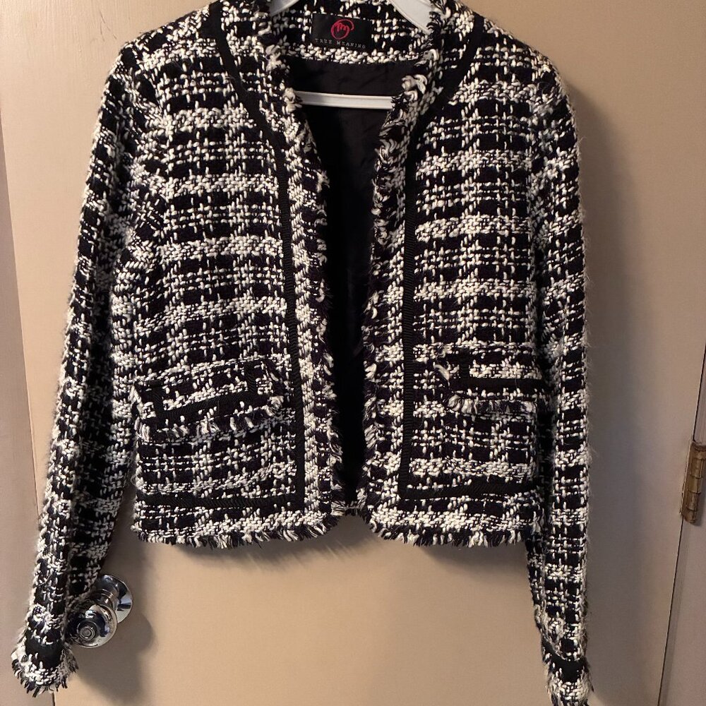 True Meaning Houndstooth Tweed Fringe BLAZER / JACKET Lined, Black & White , S